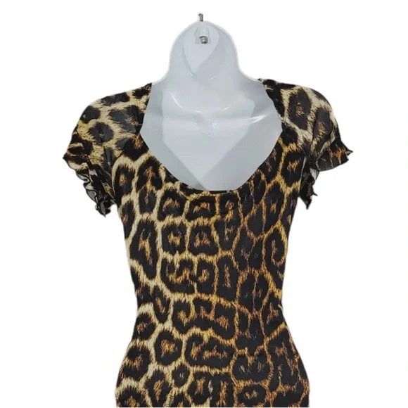 Just Cavalli Brown and Tan A-line Midi Dress with Flutter Sleeves - Picture 5 of 8